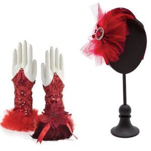 Red Hat Feathered Glam Headband and Gloves Set NEW